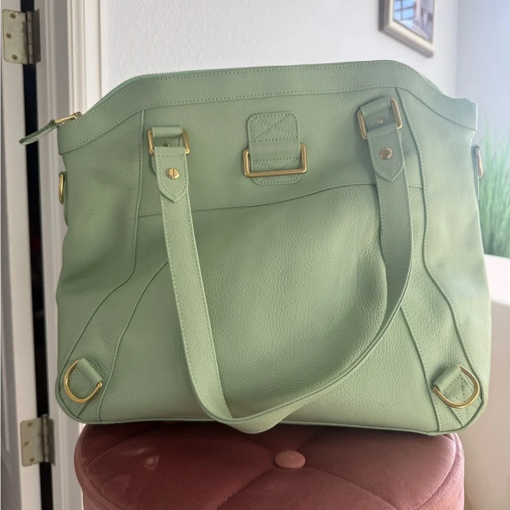 Frankie Lou Leather Joann in Pistachio Convertible Diaper Bag